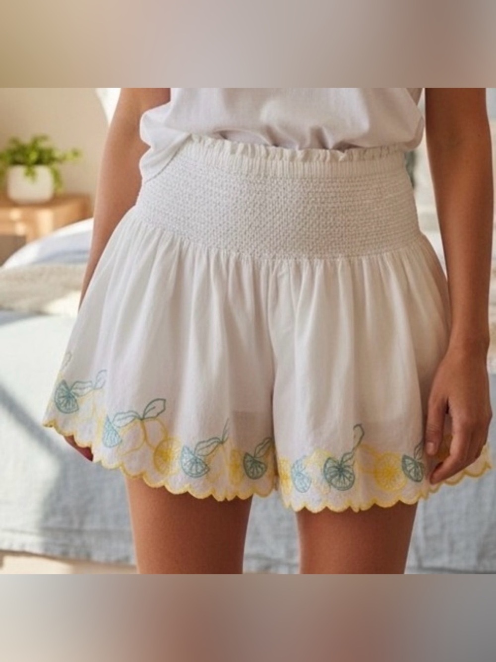 Joie  sleep White High-Waist Embroidered Lemon-Trim Shorts